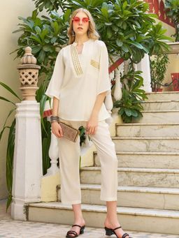 KAFTANIZE - Golden Salli Work Detailed White Color Co-Ord (Set of 2)