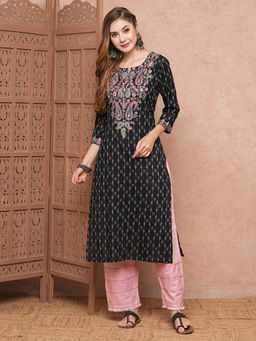 FASHOR - Ethnic Black Woven and Floral Embroidered Kurta