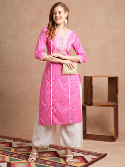 FASHOR - Leheriya Printed and Embroidered Pink Straight Fit Kurta