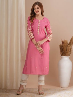 FASHOR - Solid Pink Floral Hand Embroidered Straight Fit Kurta