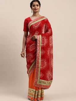 Vastranand - Red & Orange Poly Georgette Bandhani Half & Half Celebrity Saree with Unstitched Blouse