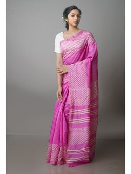 Unnati Silks - Pink Pure Block Printed Chanderi Sico Saree with Unstitched Blouse