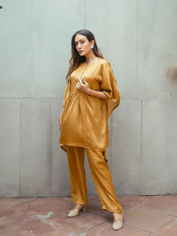 trueBrowns - Gold Silk Blend Kaftan Gathered Co-Ord (Set of 2)