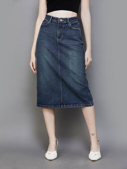 Xpose - Women Dark Blue High-Rise Denim Pencil Midi Skirt