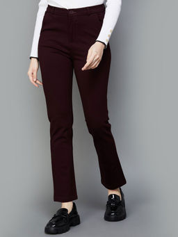 Xpose - Women Wine Comfort Straight Slim Fit High-Rise Trousers