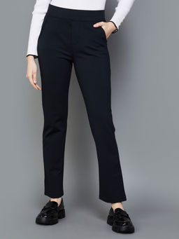 Xpose - Women Charcoal Blue Solid Slim Fit High Rise Trousers