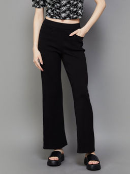 Xpose - Women Black Ribbed Wide Leg High-Rise Trousers
