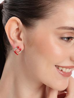 Estele - Gold Finish Red Enamel Stud Earrings