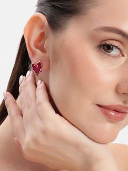 Estele - Gold Finish Heart Shape Red Enamel Stud Earrings