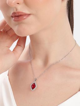 Estele - Rhodium Plated Red Stone Diamond Shape Pendant Chain