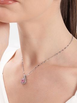 Estele - Rhodium Finish Square Pink Crystal Pendant Chain
