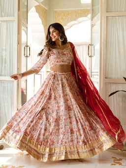 Asheera - White Chahat Satin Printed Gota Work Lehnga Choli with Dupatta (Set of 3)