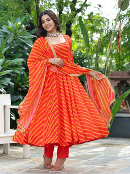 Asheera - Red Leheriya Anarkali Pant with Dupatta (Set of 3)