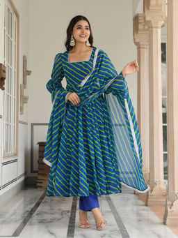 Asheera - Blue Leheriya Anarkali Pant with Dupatta (Set of 3)