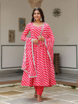 Asheera - Pink Leheriya Anarkali Pant with Dupatta (Set of 3)