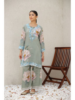 HOUSE OF KARI - Saba Chikankari Printed Polysilk Floral Green Kurta and Pant (Set of 2)
