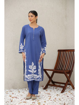 HOUSE OF KARI - Saba Cambric Cotton Chikankari Blue Kurta and Pant (Set of 2)