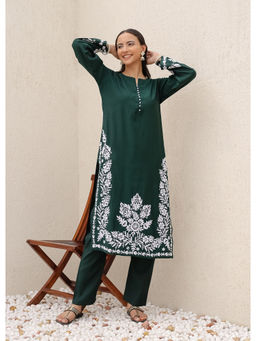 HOUSE OF KARI - Saba Cambric Cotton Chikankari Green Kurta and Pant (Set of 2)