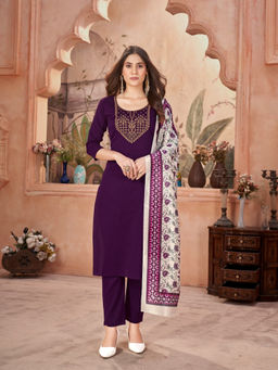 Stylum - Purple Embroidered Crepe Straight Kurta Pant and Dupatta (Set of 3)
