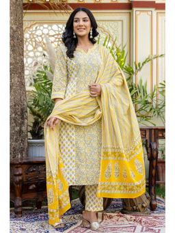 Kohsh - Yellow Printed Cotton Kurta Pant and Mulmul Dupatta (Set of 3)
