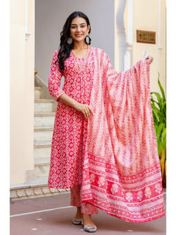 Kohsh - Pink Printed Cotton Kurta Pant and Mulmul Dupatta (Set of 3)