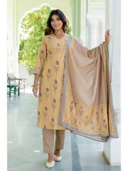 Kohsh - Beige Printed Cotton Kurta Pant and Mulmul Dupatta (Set of 3)