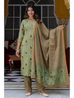 Kohsh - Green Printed Cotton Kurta Pant and Mulmul Dupatta (Set of 3)