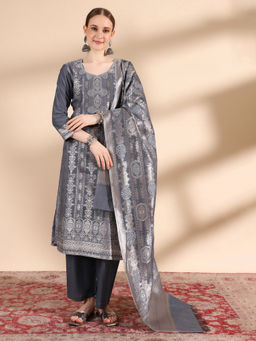 Kidar - Women Ethnic Wear Cotton Silk Grey Kurta Pant with Dupatta (Set of 3)