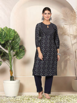 Nayam by lakshita - Navy Blue Sequinned Yoke Round Neck Straight Kurta and Pant (Set of 2)