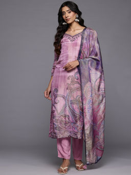 Varanga - Mauve Pure Silk Printed and Embellished Straight Kurta Pant with Dupatta (Set of 3)