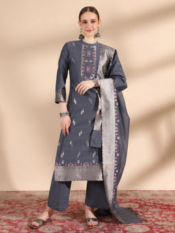Kidar - Women Ethnic Wear Grey Cotton Silk Kurta Pant with Dupatta (Set of 3)