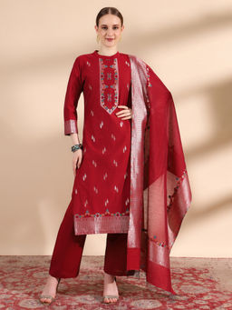 Kidar - Women Ethnic Wear Maroon Cotton Silk Kurta Pant with Dupatta (Set of 3)