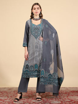 Kidar - Women Ethnic Wear Grey Cotton Silk Kurta Pant with Dupatta (Set of 3)