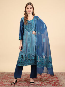 Kidar - Women Ethnic Wear Blue Cotton Silk Kurta Pant with Dupatta (Set of 3)