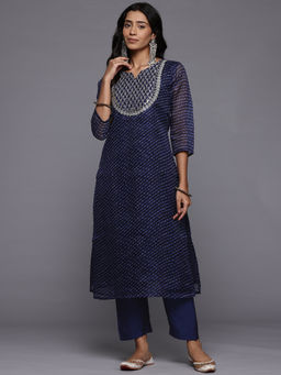 Varanga - Navy Blue Leheriya Printed Yoke Embroidered Kurta with Pant (Set of 2)