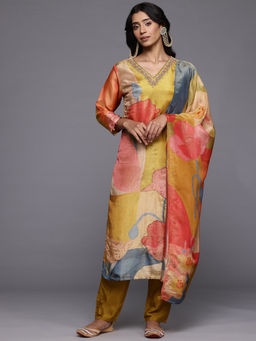 Varanga - Pure Silk Mustard Floral Printed Beads Embellished Kurta Pant with Dupatta (Set of 3)