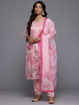Varanga - Pink Silk Floral Printed Beads & Stones Kurta Pant with Dupatta (Set of 3)