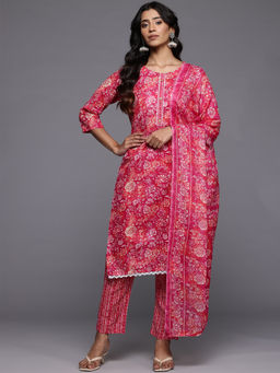 Varanga - Pink Floral Jaipuri Printed Lace Detailed Kurta Pant with Dupatta (Set of 3)