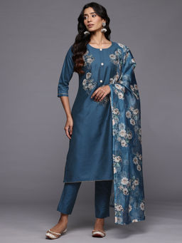 Varanga - Women Blue Silk Floral Printed Stones Embellished Kurta Pant with Dupatta (Set of 3)