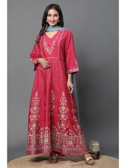 W - Pink Glitter Printed Kalidar Dress & Dupatta (Set of 2)