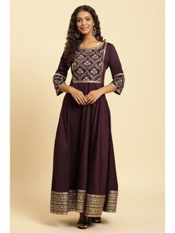 W - Embroidered Festive Panelled Dress Wine