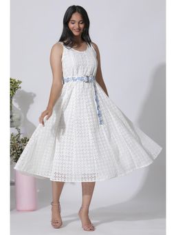 W - Schiffli Cotton Flared Dress with Embroidered Belt White