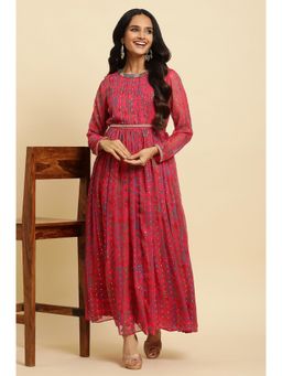 W - Pink Ikkat Printed Embellished Dress (Set of 2)