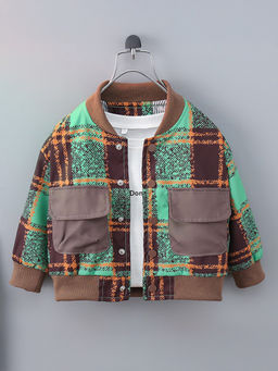 Hopscotch - Boys Mint Green & Maroon Plaid Print Full-Sleeve Jacket