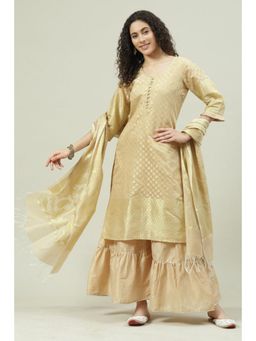 Biba - Beige Cotton Chanderi Silk Unstitched Suit (Set of 3)
