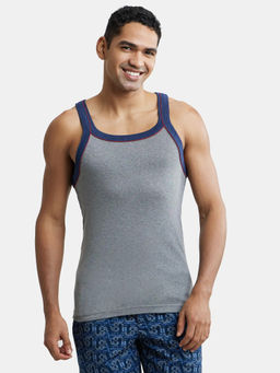 Jockey - US54 Men Super Combed Cotton Rib Square Neck Gym Vest-Grey Melange and Ink Blue