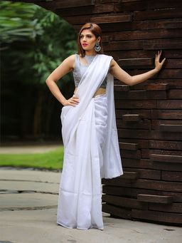 Beatitude - White Handwoven Solid Linen Saree Silver Zari Border with Unstitched Blouse