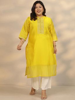 Extra love by Libas - Yellow Embroidered Silk Straight Kurta for Women