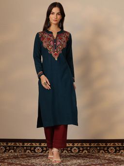 Libas - Teal Embroidered Straight Kurta for Women