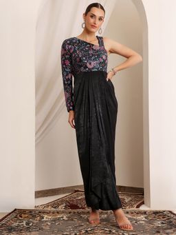 Miss Chase - Women's Luxe Satin Gown in Black with One-Shoulder Embroidery